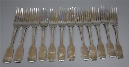 A set of twelve Victorian silver fiddle pattern dessert forks, Charles Boyton, London, 1839/41, 15.5 oz.